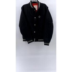 DURKL Men's Vintage Black-White Button-Up Striped-Trim Varsity Jacket SZ M